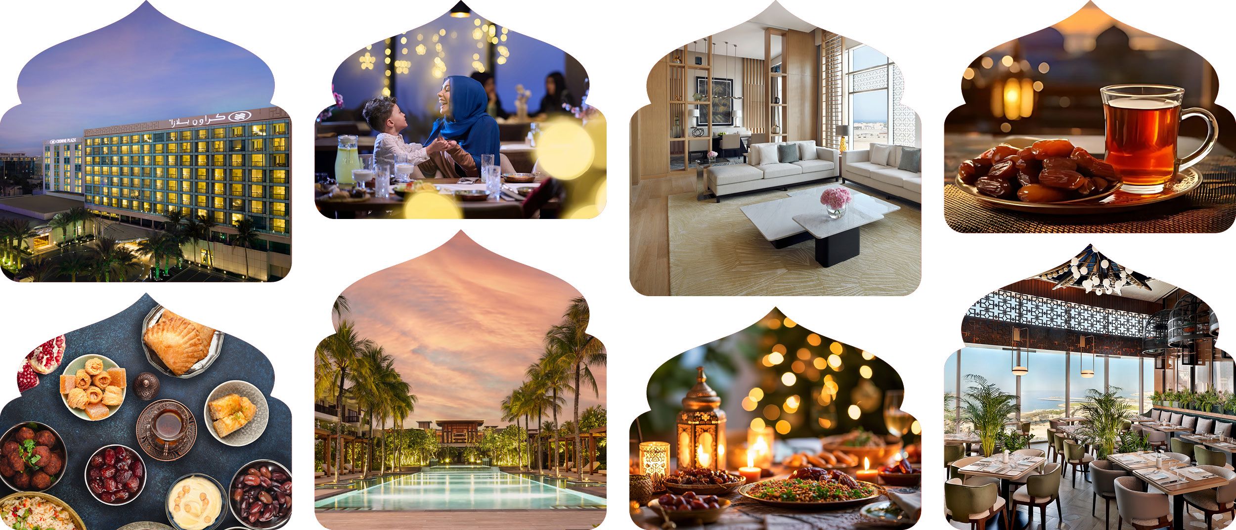 A collage of IHG Hotels & Resorts to celebrate Ramadan and enjoy Iftar & Suhoor inclusive stays. 