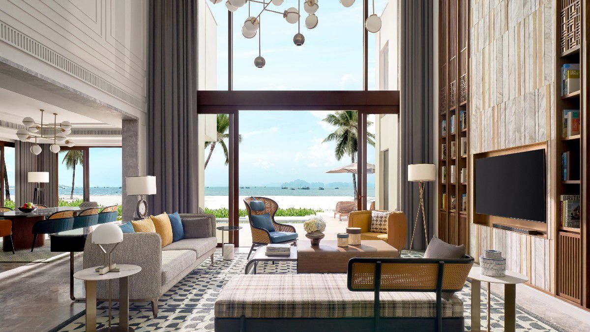 Luxury three-bedroom villa living room overlooking ocean view