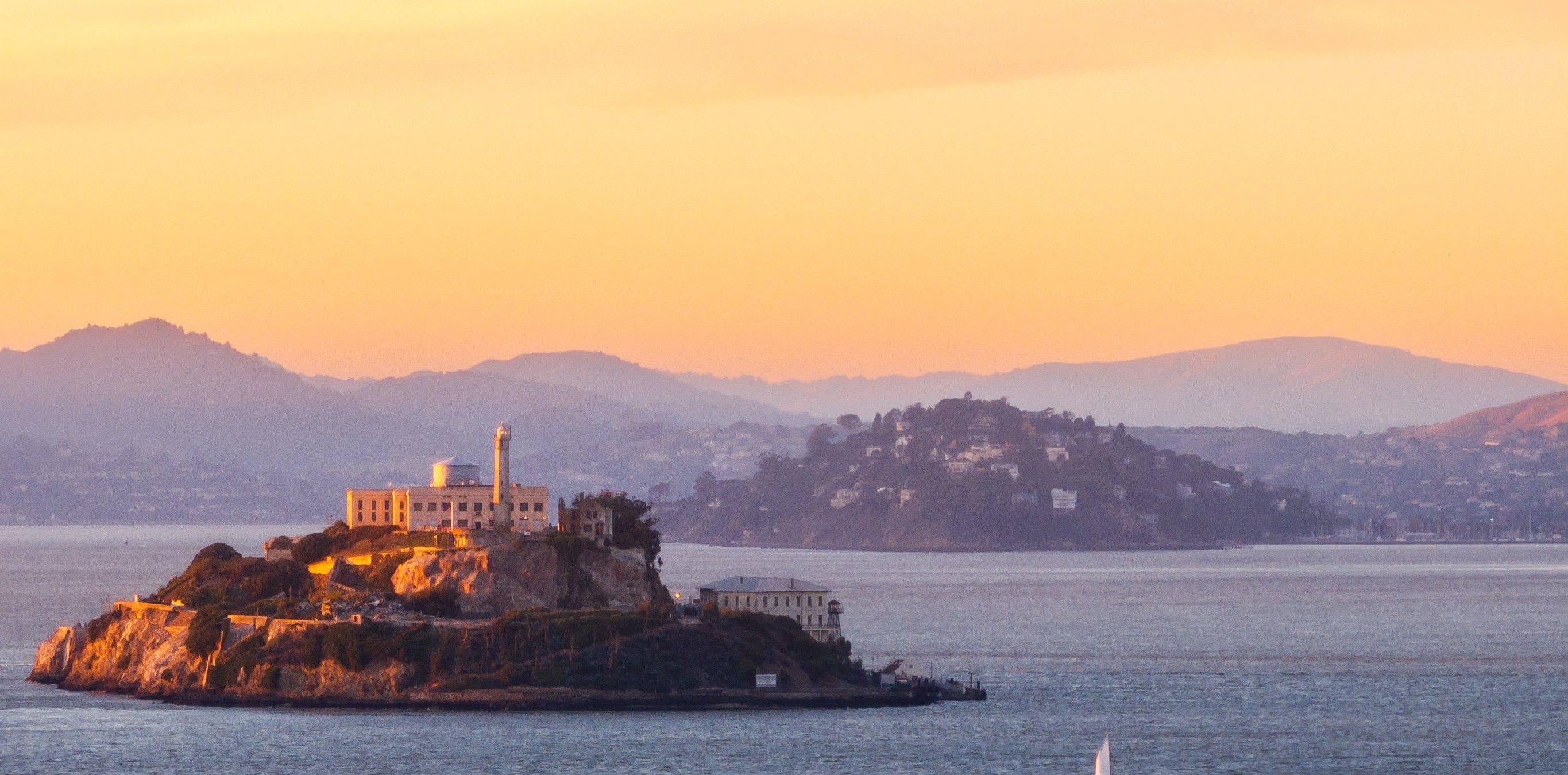 Early morning, aerial view of Alcatraz Island