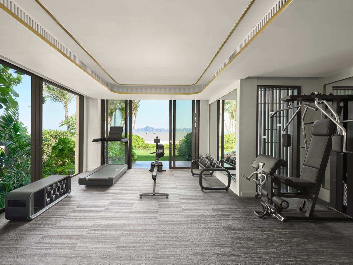 Modern fitness center overlooking ocean