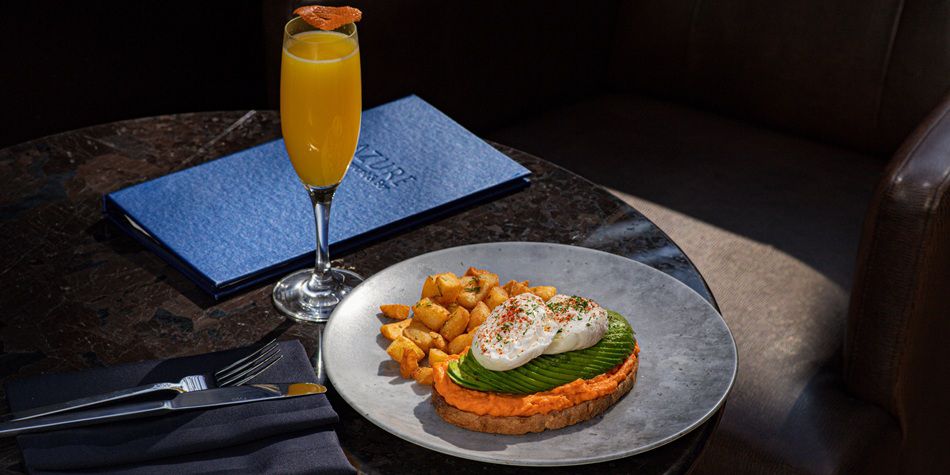 Azure avocado toast plate with champagne