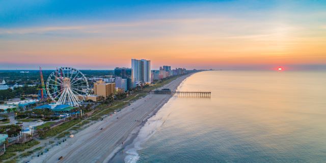 Aerial view of Myrtle Beach at sunset