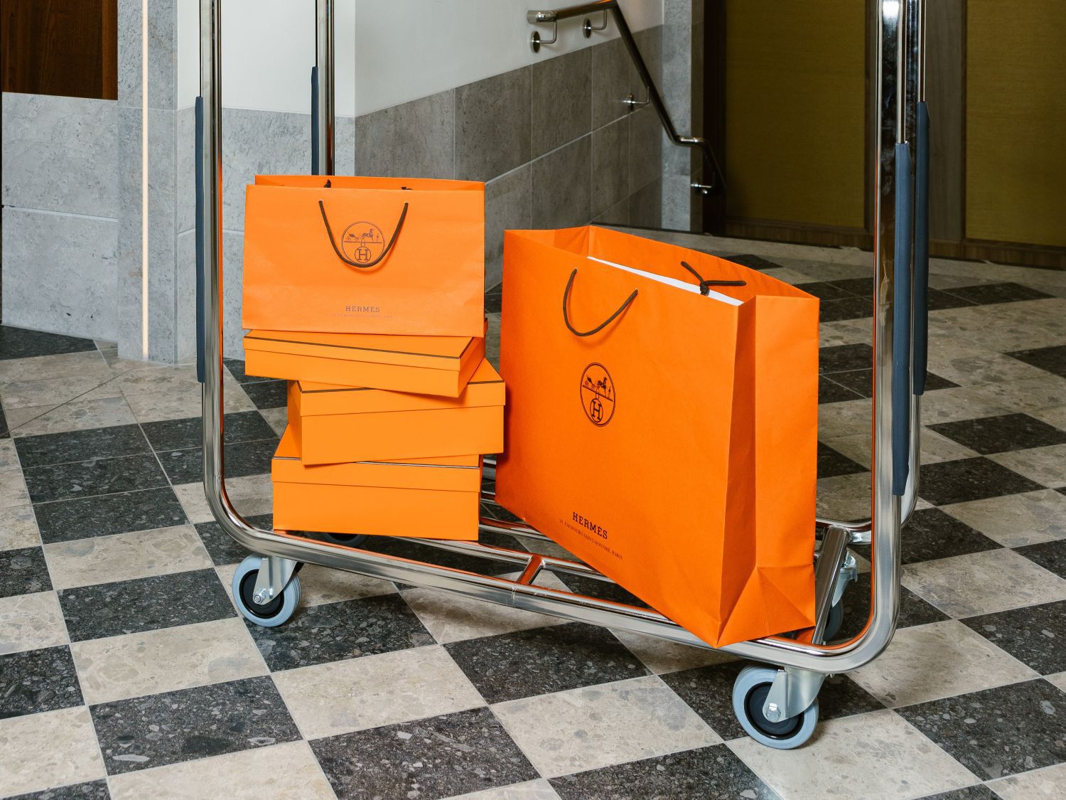 Christmas shooping bags in hotel lobby