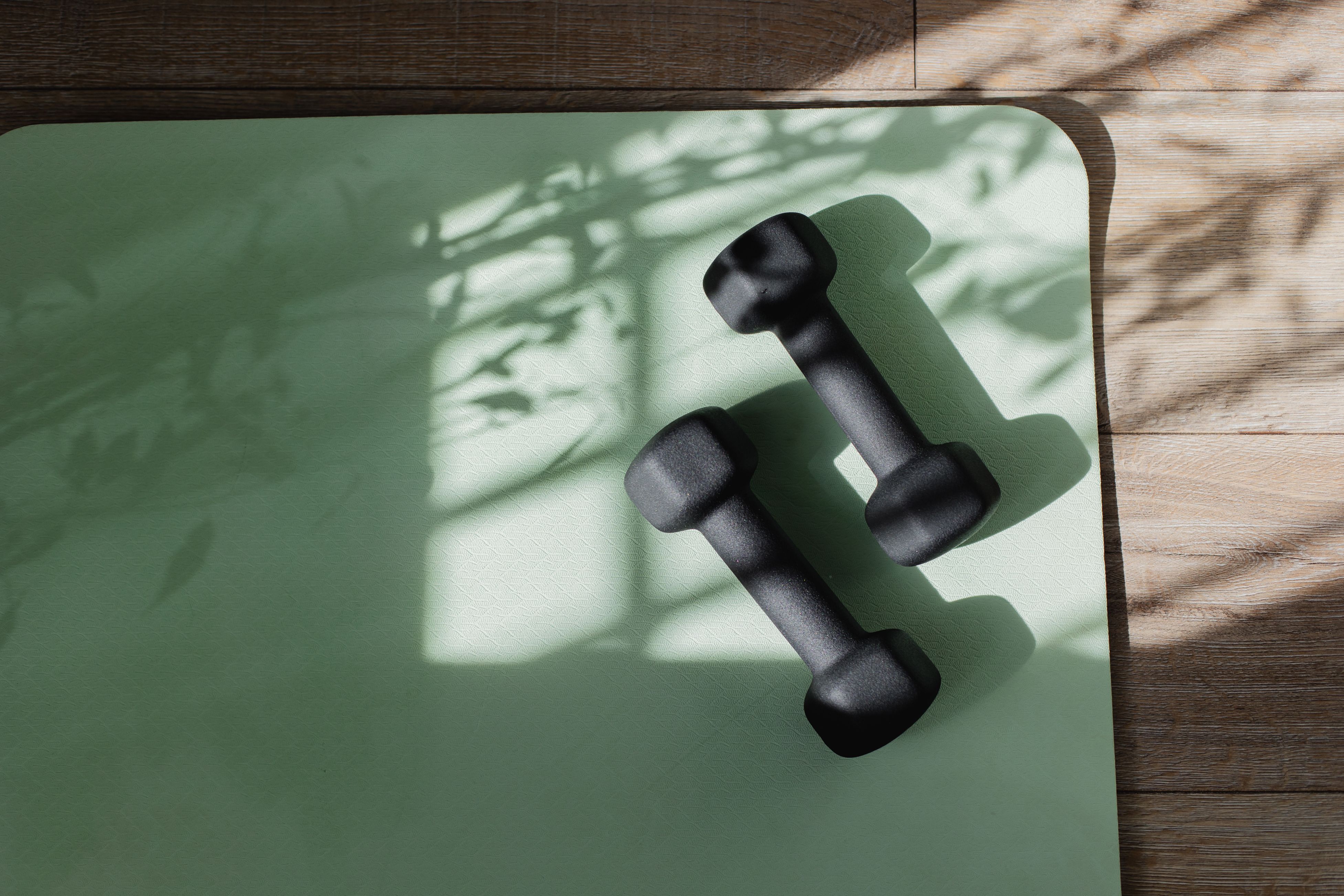 Pilates mat and small dumbells.