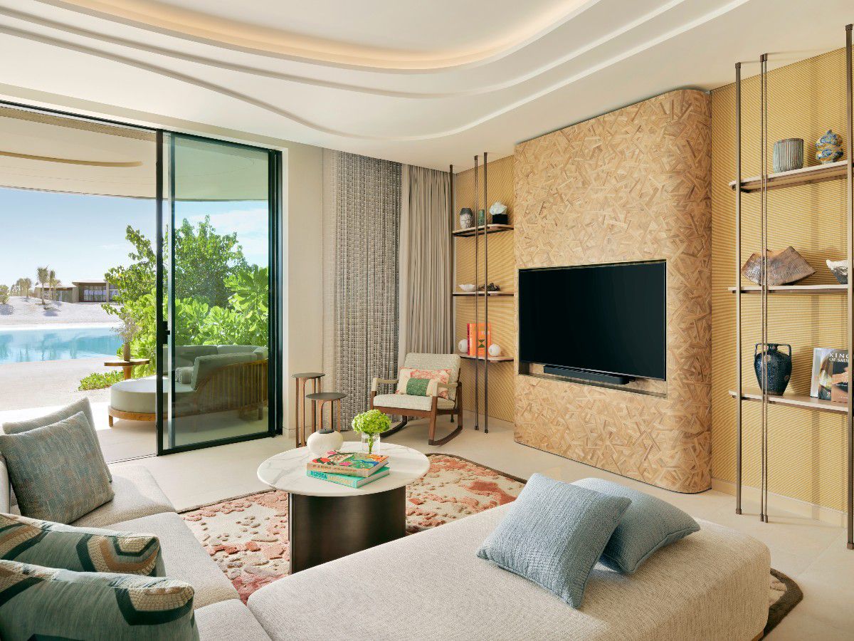 Luxury hotel room with poolside view