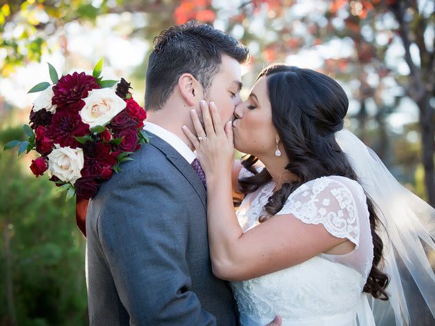   Couple kissing on wedding day at Tahoe Ridge Resort
