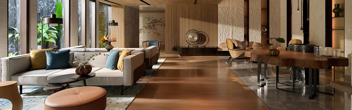 Modern luxury spa lounge with wooden interiors and seating