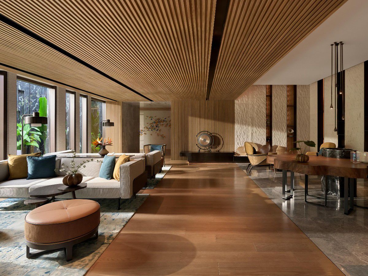 Modern luxury spa lounge with wooden interiors and seating