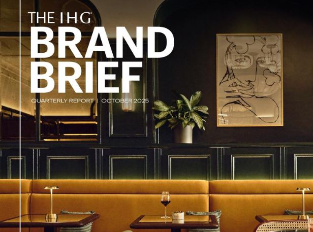HG Brand Brief magazine cover showing a modern lounge with gold seating, artwork, and headline text.