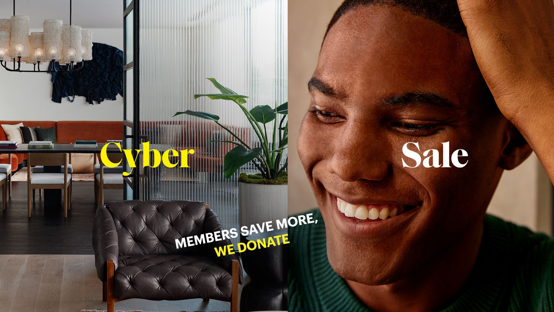 split screen of a man smiling and a modern lobby living room