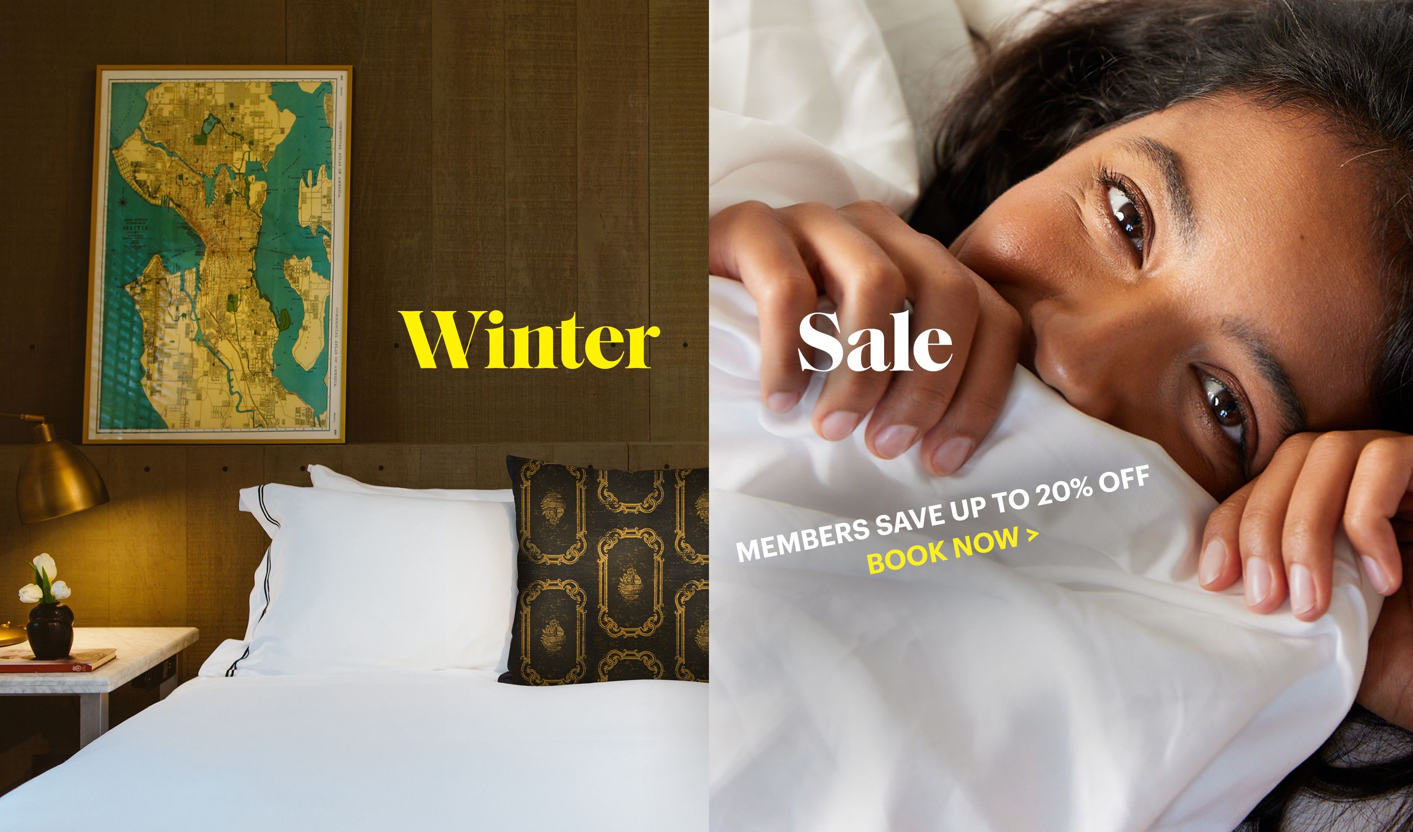 split screen of woman holding a sheet up to her face and a warmly colored guestroom