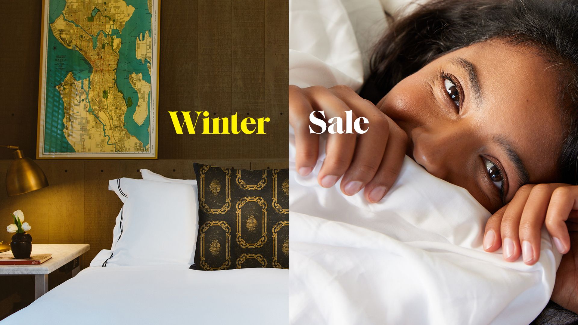 split screen of a woman's face and a richly colored guest room with white bed