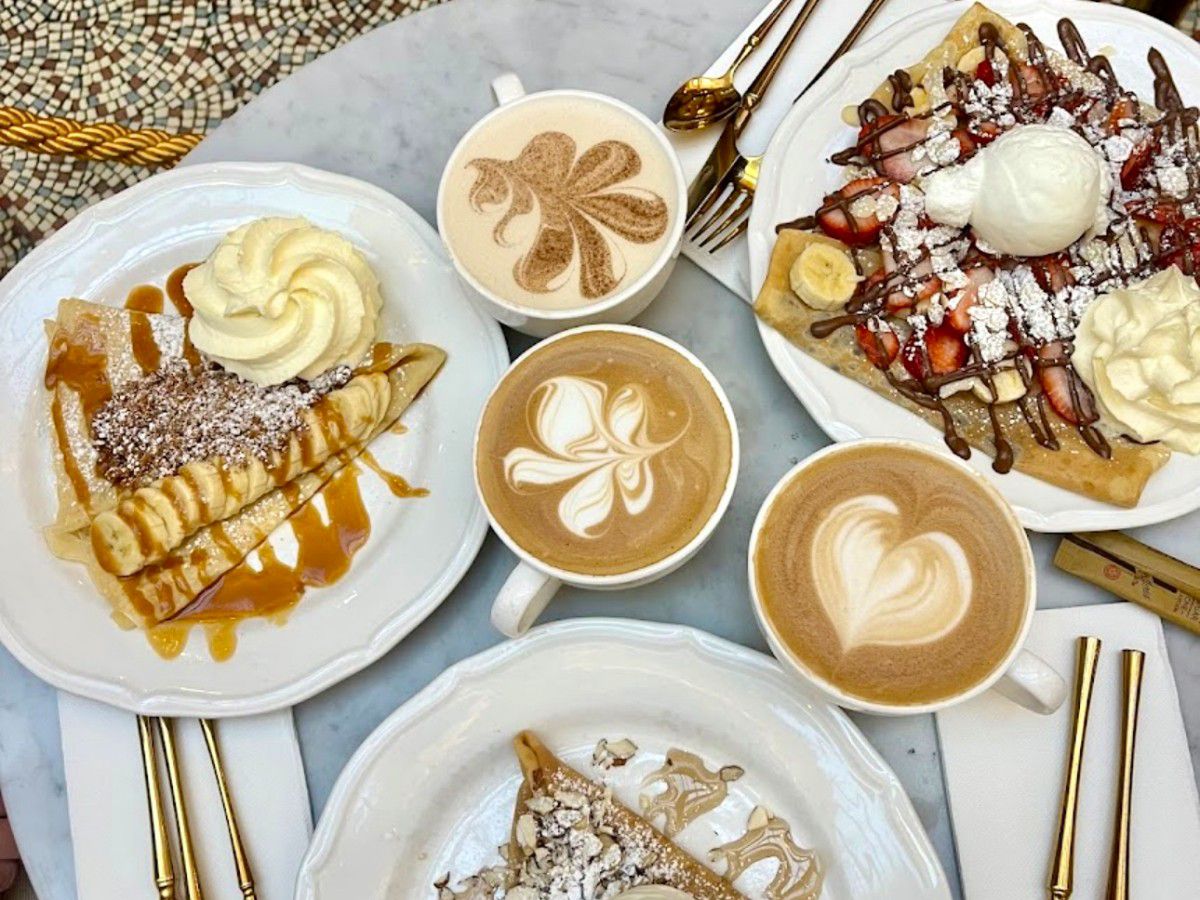 Desserts with latte art and caramel toppings.
