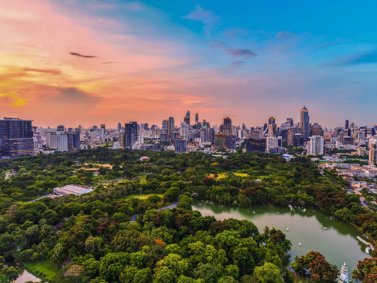 Aerial view of a lush city park with a lake and skyline backdrop.