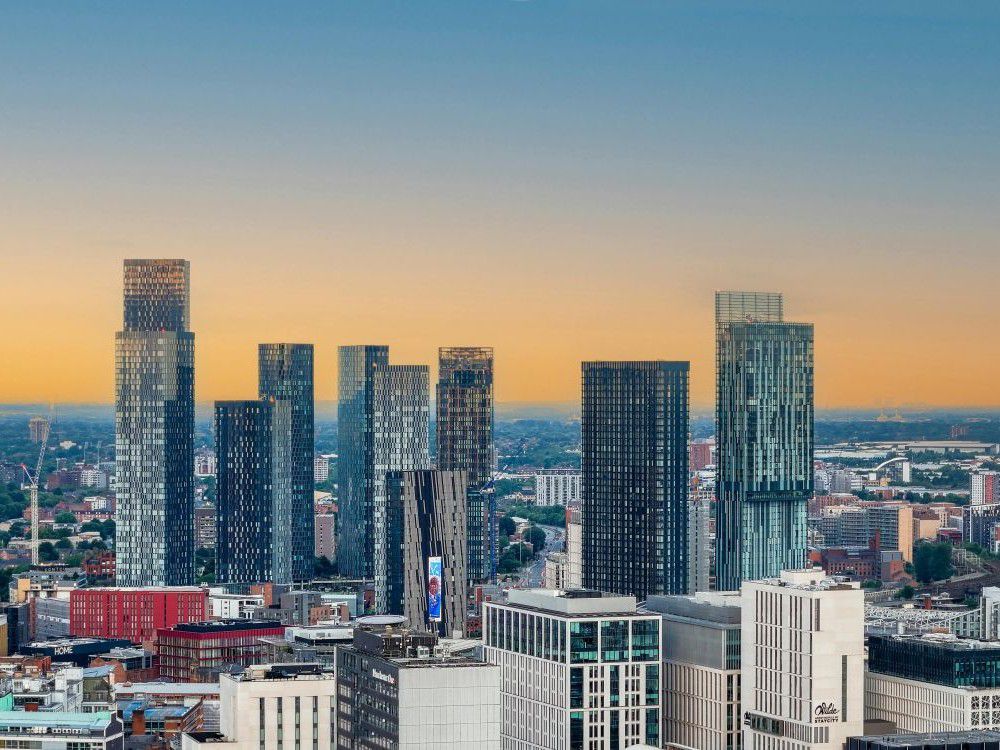 Manchester city centre at sunset