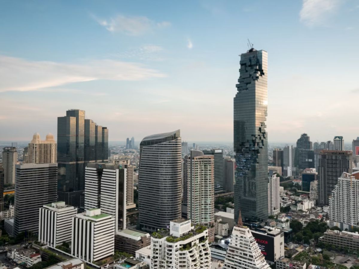 Modern city skyline featuring an iconic skyscraper and surrounding high-rises.
