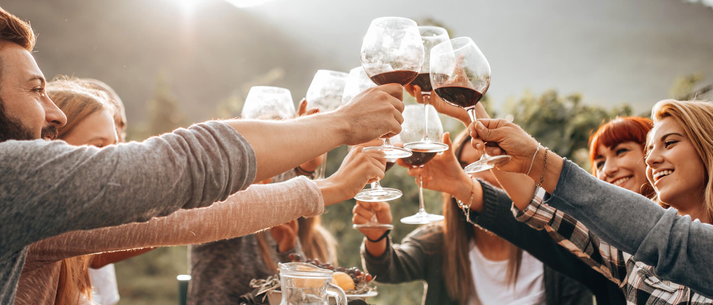 Friends toasting drinks together outdoors
