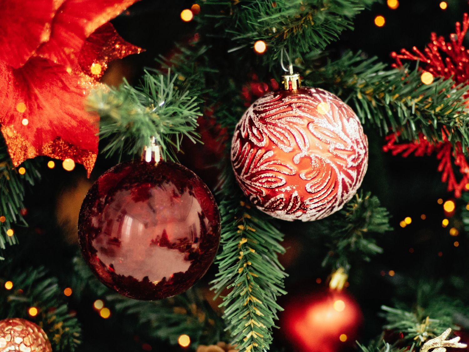Red christmas baubles on a christmas tree