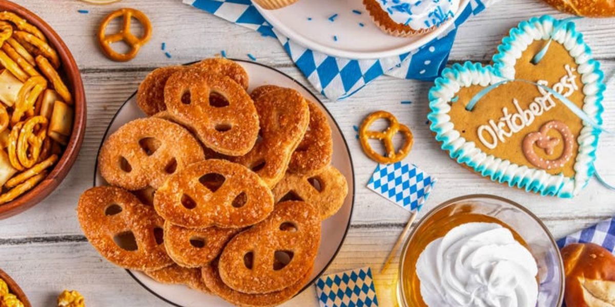 Oktoberfest pretzels with Bavarian decorations.