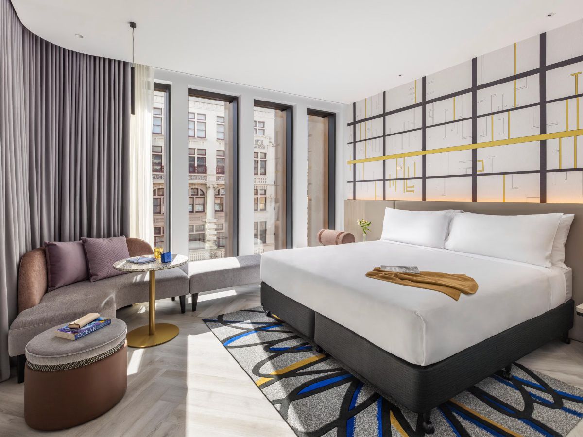 Modern hotel room with bright contemporary interior design