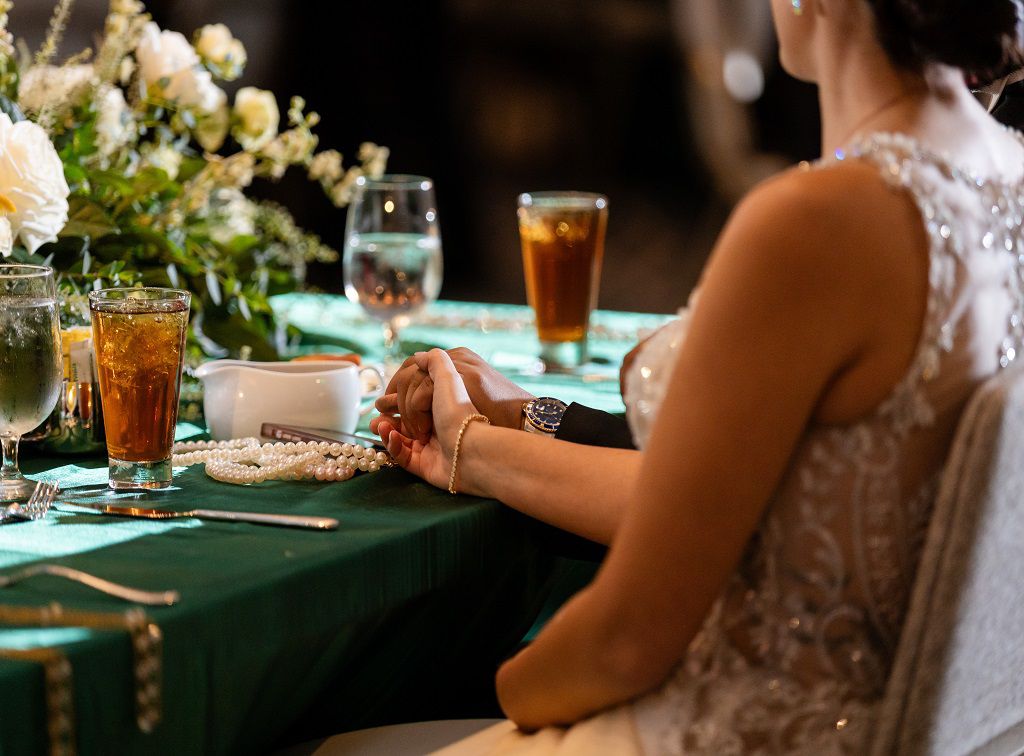 wedding couple embracing