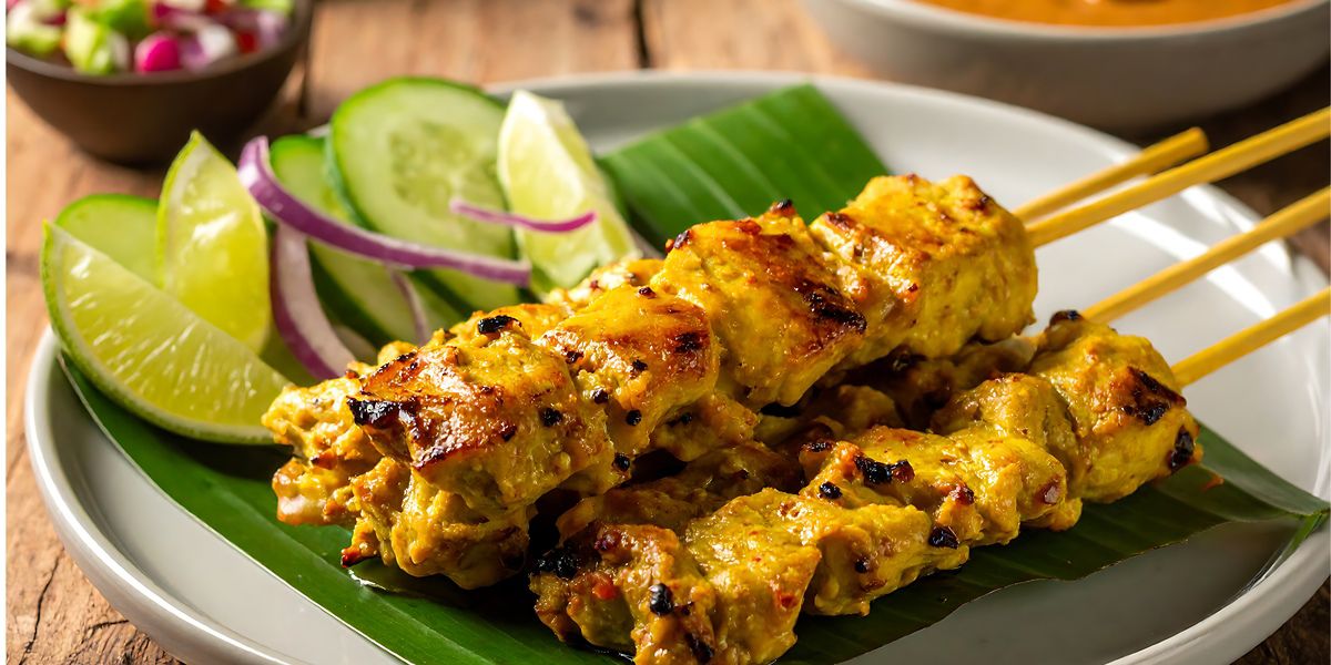 Grilled chicken satay skewers with lime slices
