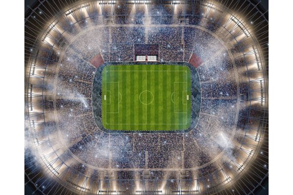 Bird view to the soccer stadium full of spectators and lenseflares.