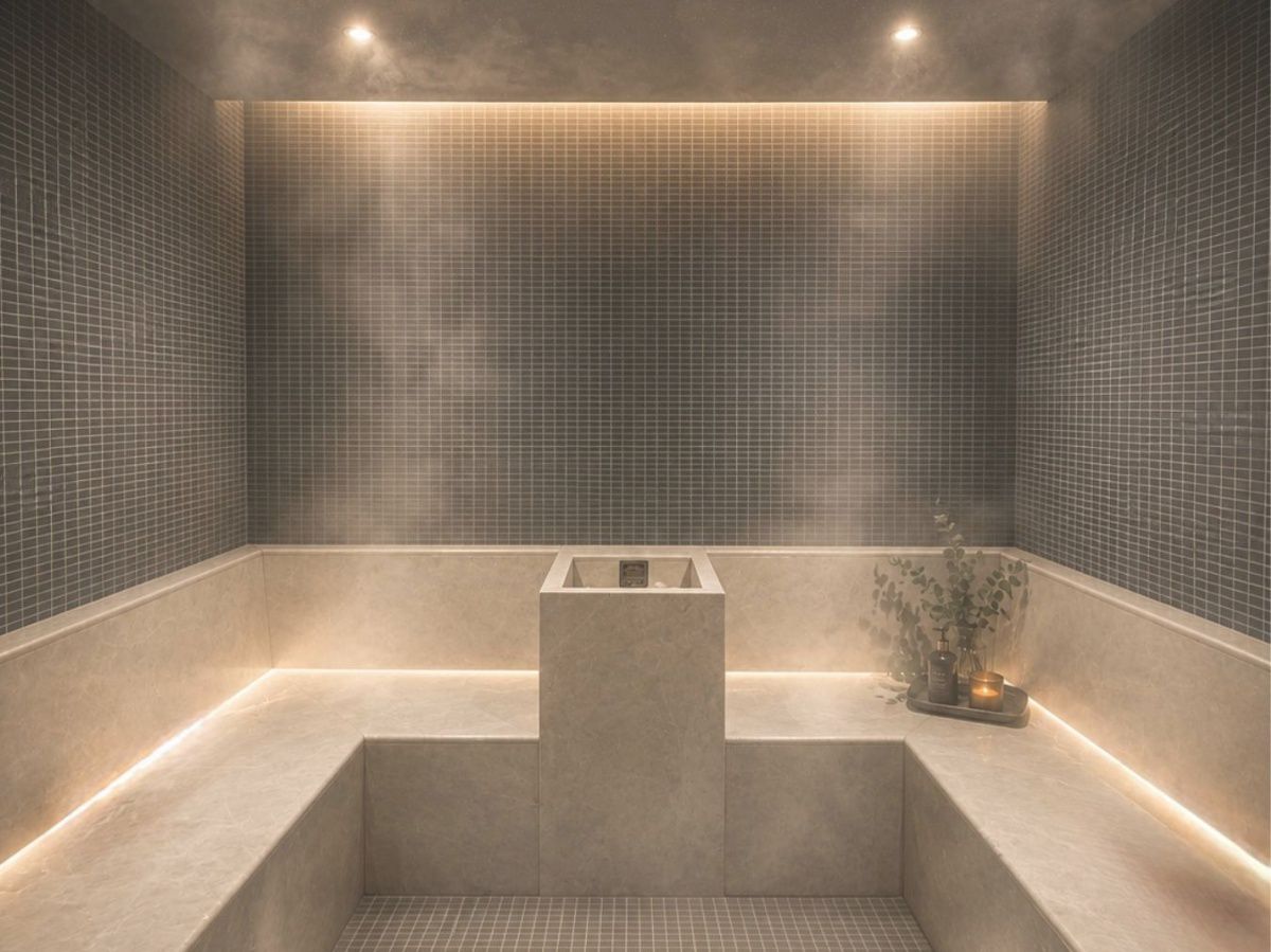 Tiled steam room with built-in benches.