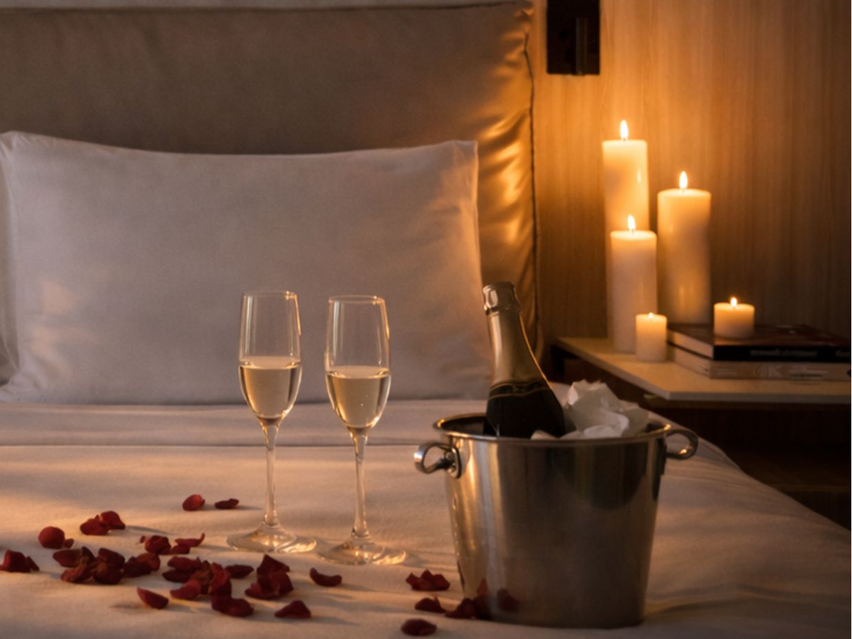 Brindis con champán en la habitación