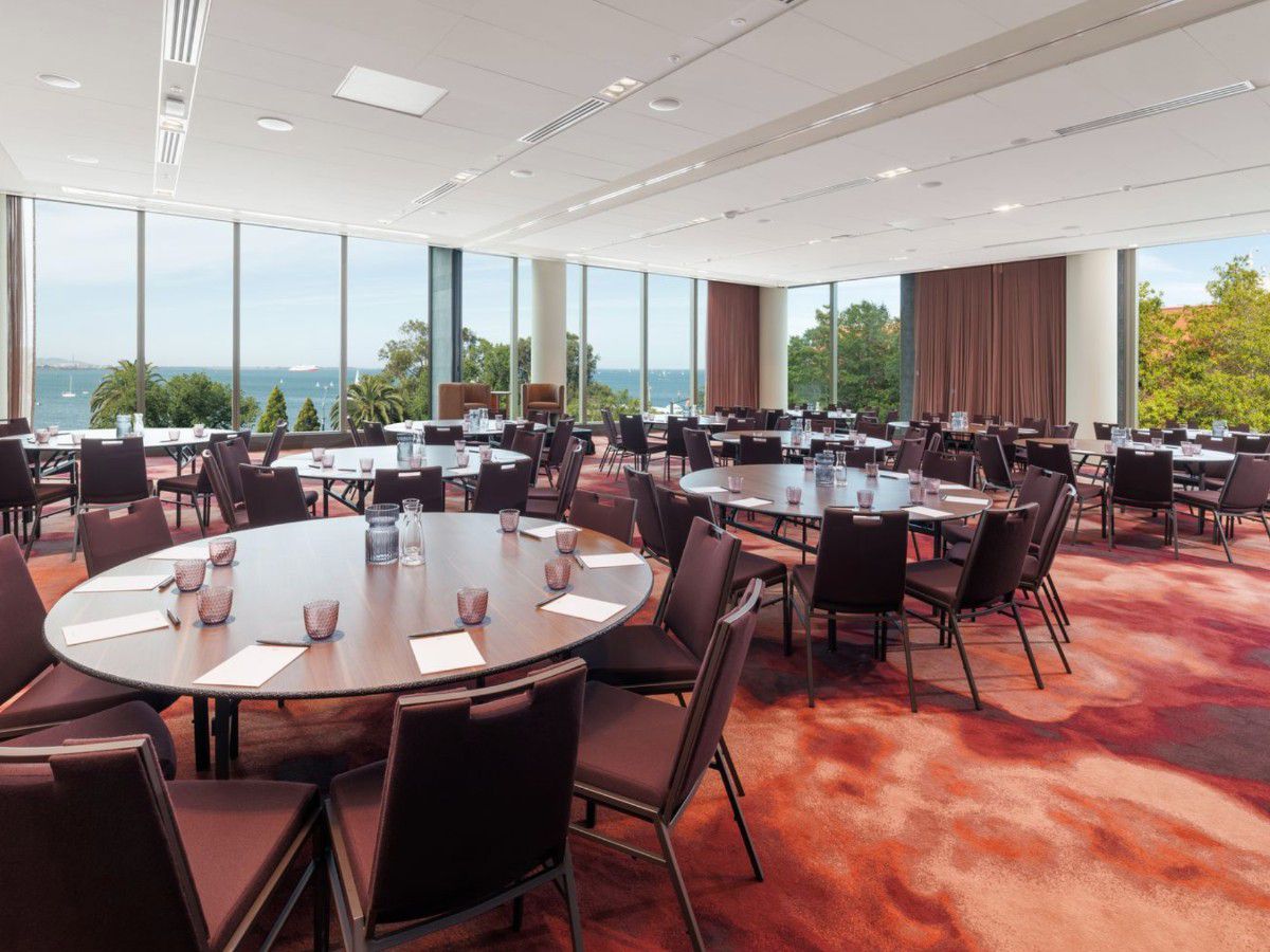 Spacious waterfront dining room with ocean views.