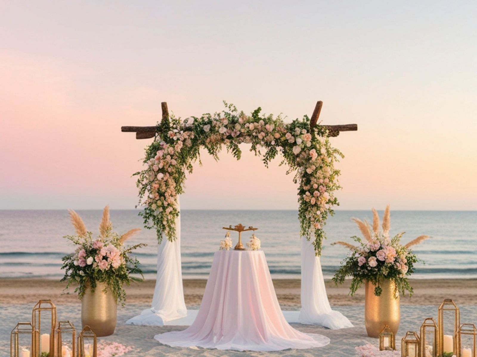 Beachfront wedding setup at sunset