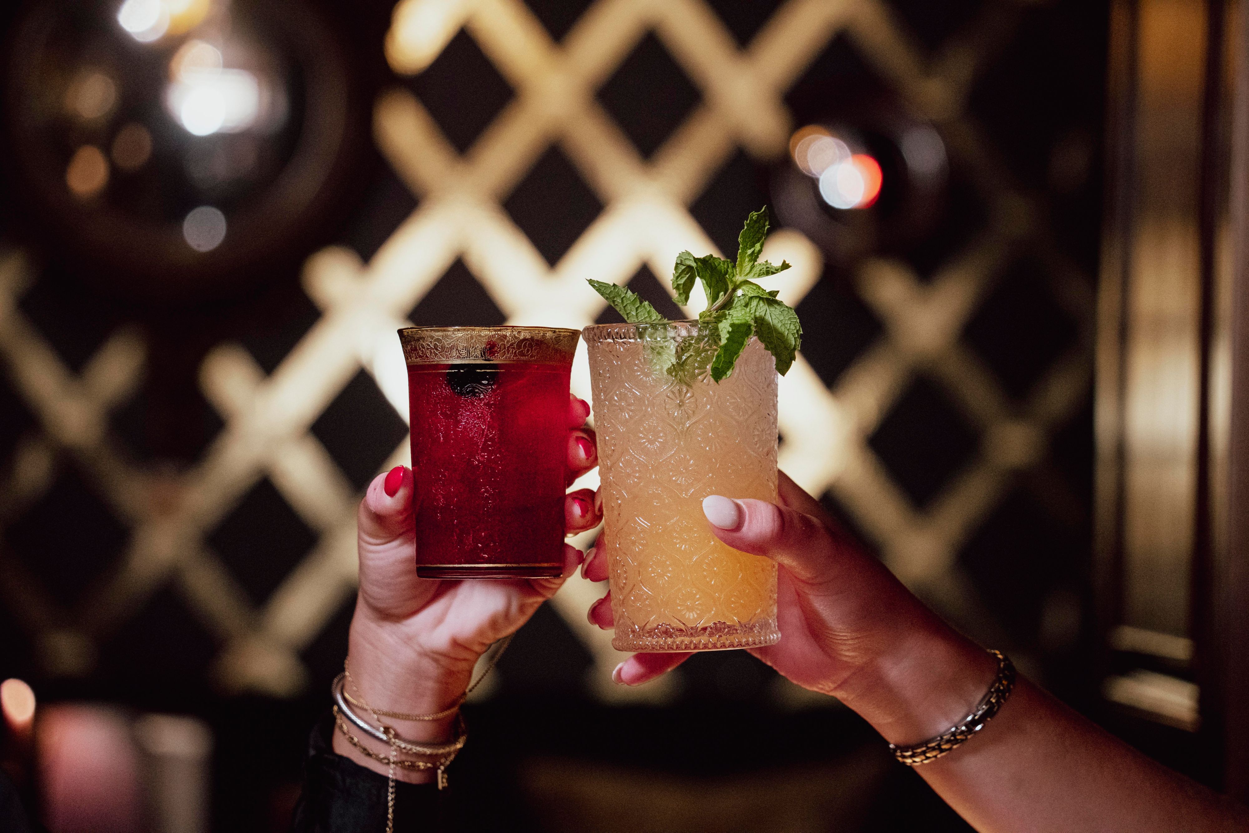 Chilled crafted cocktails in unique decorated glassware from Loyall Bar 