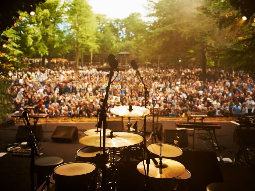 Drum set on stage at concert venue