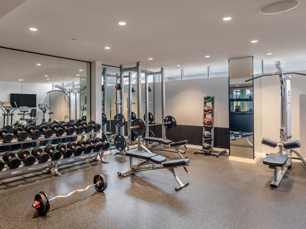 Modern hotel gym with weights and equipment