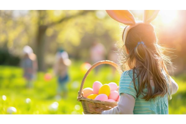 Young girl with bunny ears holding Easter egg basket outdoors