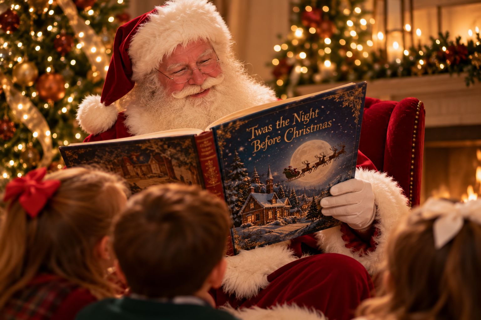 Santa Claus reading a holiday storybook to children