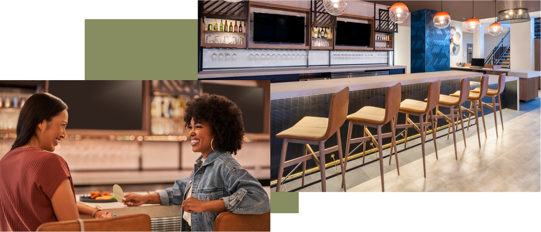 Un collage de photographies montre le bar-restaurant de l’hôtel et un groupe de voyageurs profitant d’un verre ensemble.