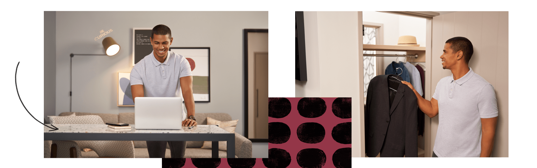 Man looking at laptop in hotel room