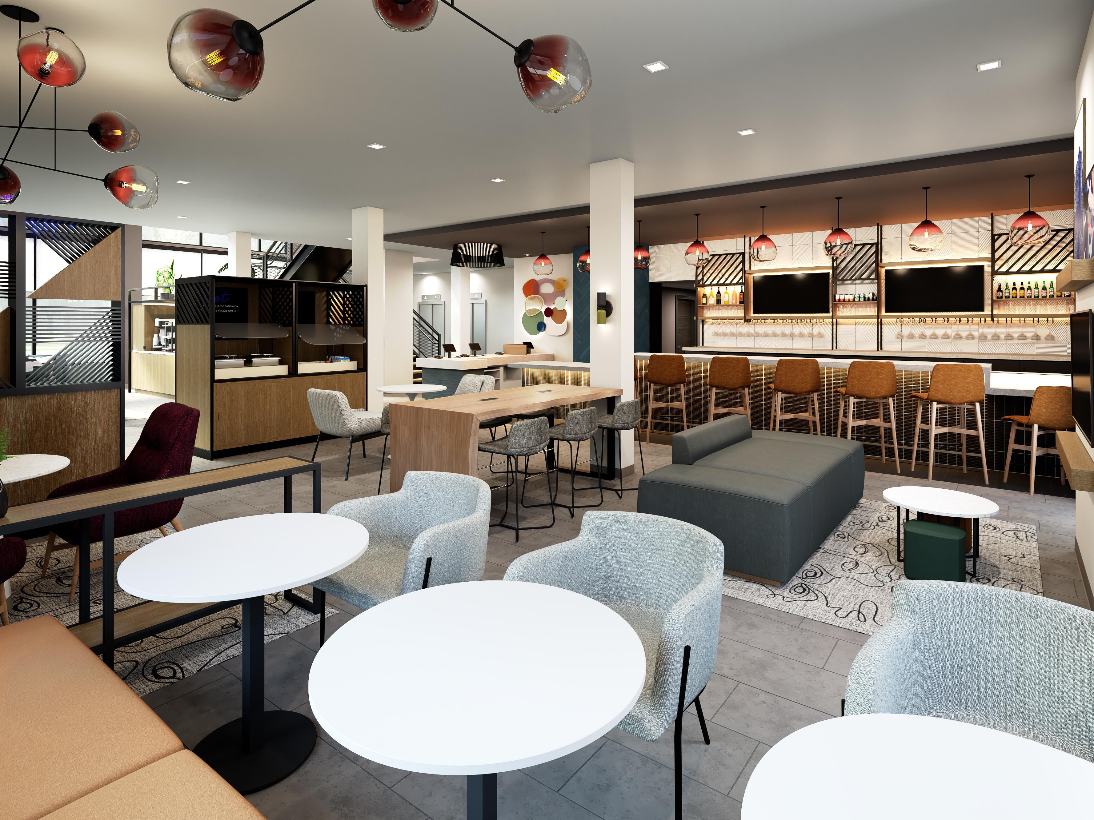 Kickstart your day with a complimentary breakfast of yogurt, pastries, sandwiches, and omelets. Stay energized with bean to cup coffee or an afternoon espresso. Unwind after work, with a cocktail, beer, or a glass of wine. In the evening, head to the bar for small plates, flatbreads, and burgers in the socially vibrant lobby.​