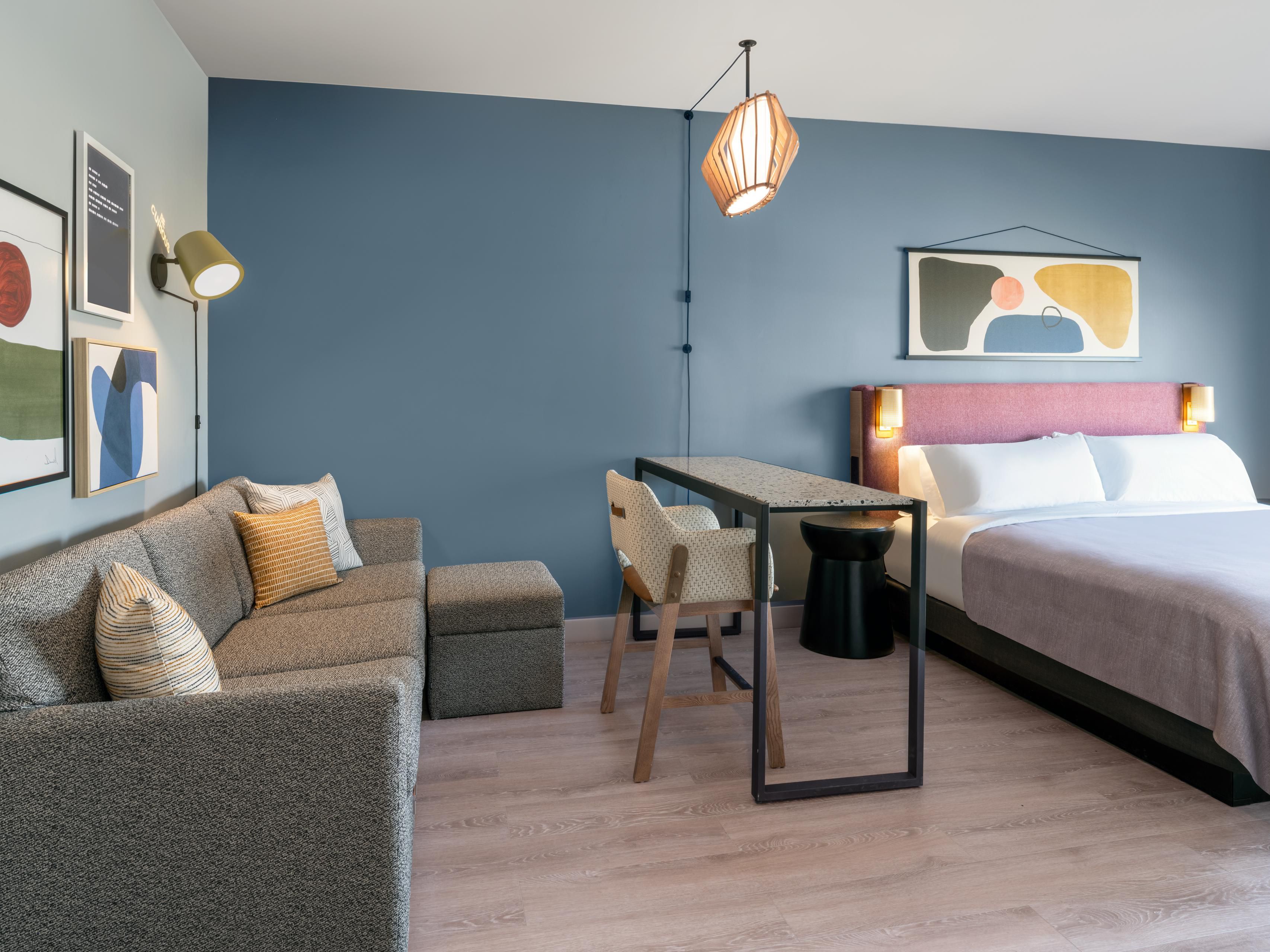 Our purposefully designed suites invite guests to flow between work and relaxation. Our suites surround you in modern décor and comforts including plush beds, counter-height desks, and 55” TVs with screen casting. Suites also include a wet bar, mini fridge, sink and microwave. Wherever life takes you, we bring inspiration to every journey.​