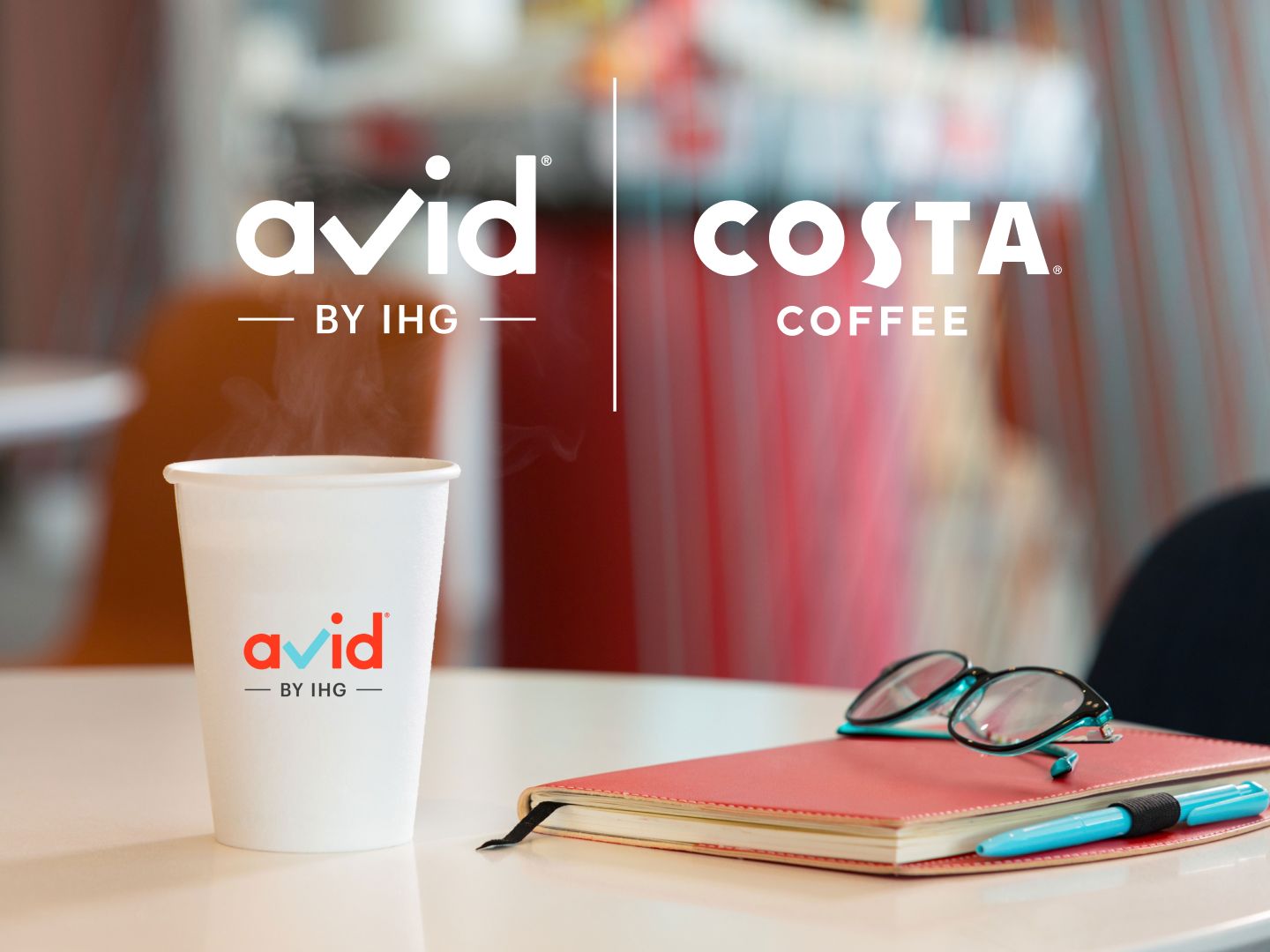 avid and Costa Coffee logo lockup overlaid on image of coffee cup, notebook, and glasses on a breakfast table