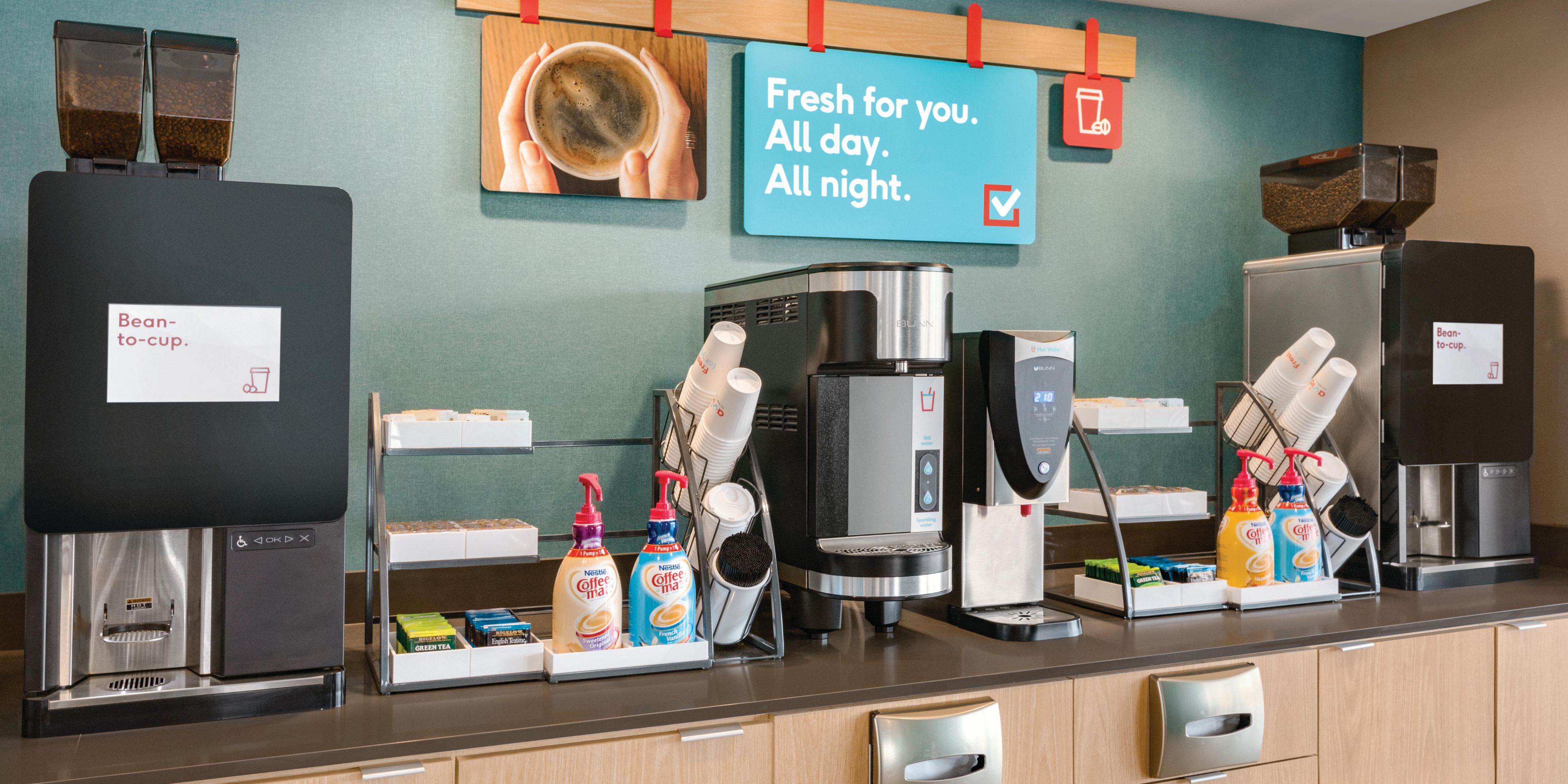 Enjoy fresh-brewed bean-to-cup coffee available 24/7. Whether you're starting your day or need a late-night pick-me-up, our coffee station is always ready to serve. Savor the rich flavors to keep you refreshed and energized throughout your stay. Your perfect cup is just a moment away.