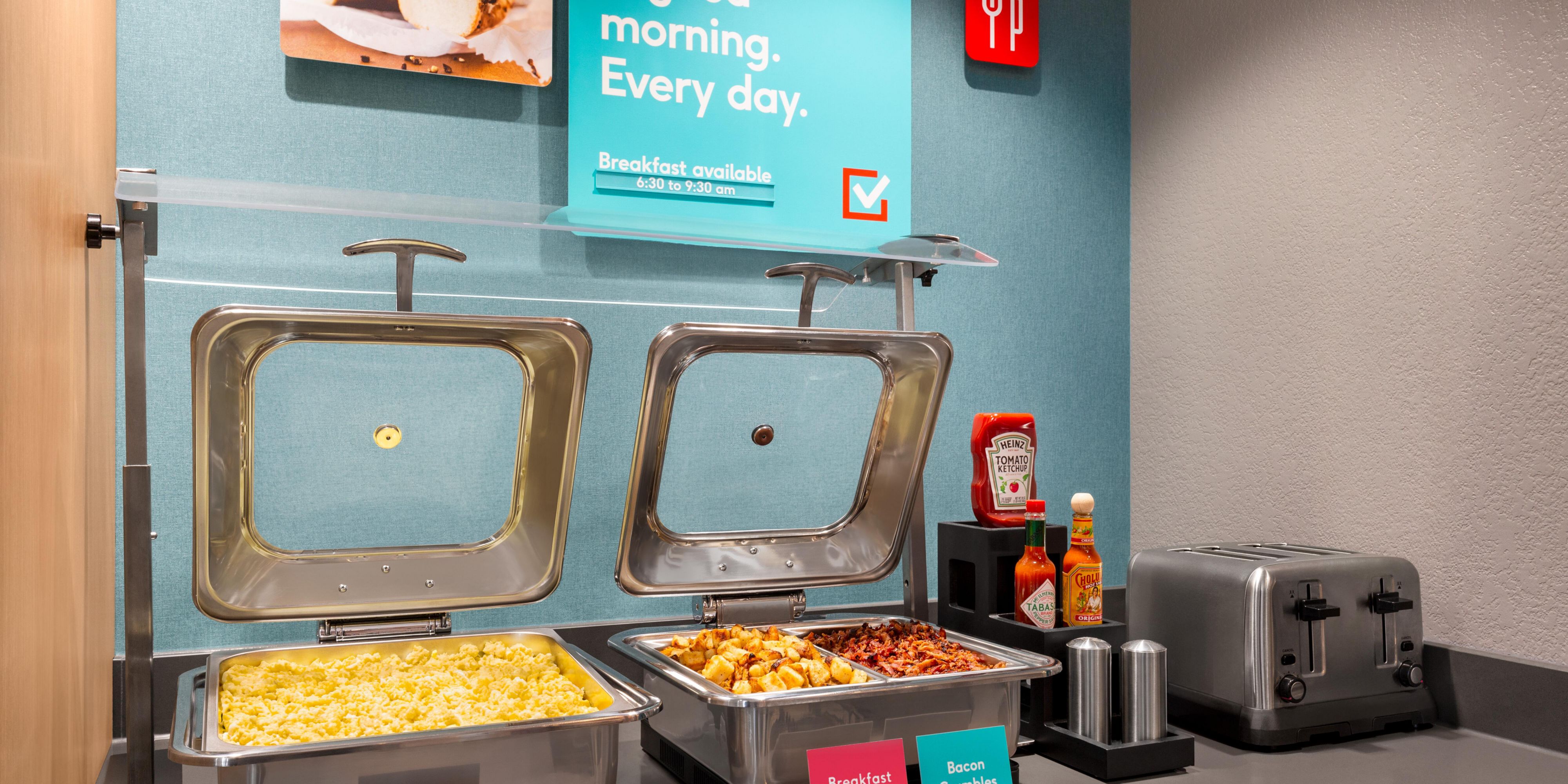 After a good night's sleep, try our free hot breakfast menu with fluffy scrambled eggs, potatoes with either crispy bacon or sausage, as well as healthy and tasty optoions for everyone served 6:30 AM to 9:30 AM during the week and 7:00 AM to 10:00 AM on the weekends. 