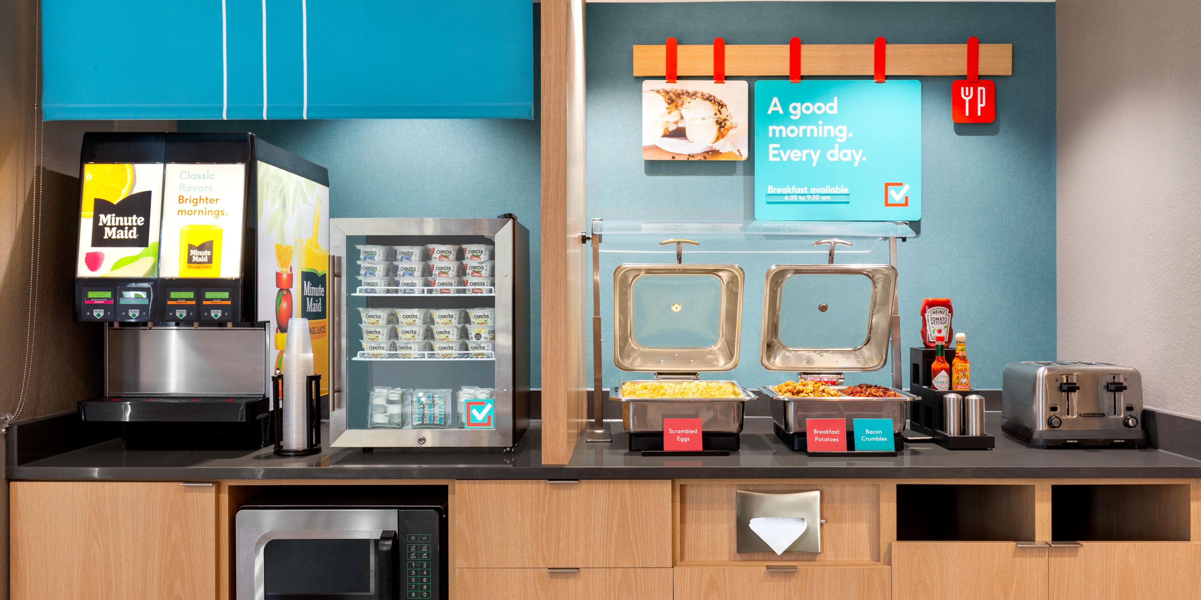 Fuel up with our free hot breakfast menu served from 6:30 AM to 9:30 AM. Choose from a selection of fluffy scrambled and potatoes with either crispy bacon bits or turkey or pork sausage. For our early morning flights, enjoy our convenient continental breakfast. 