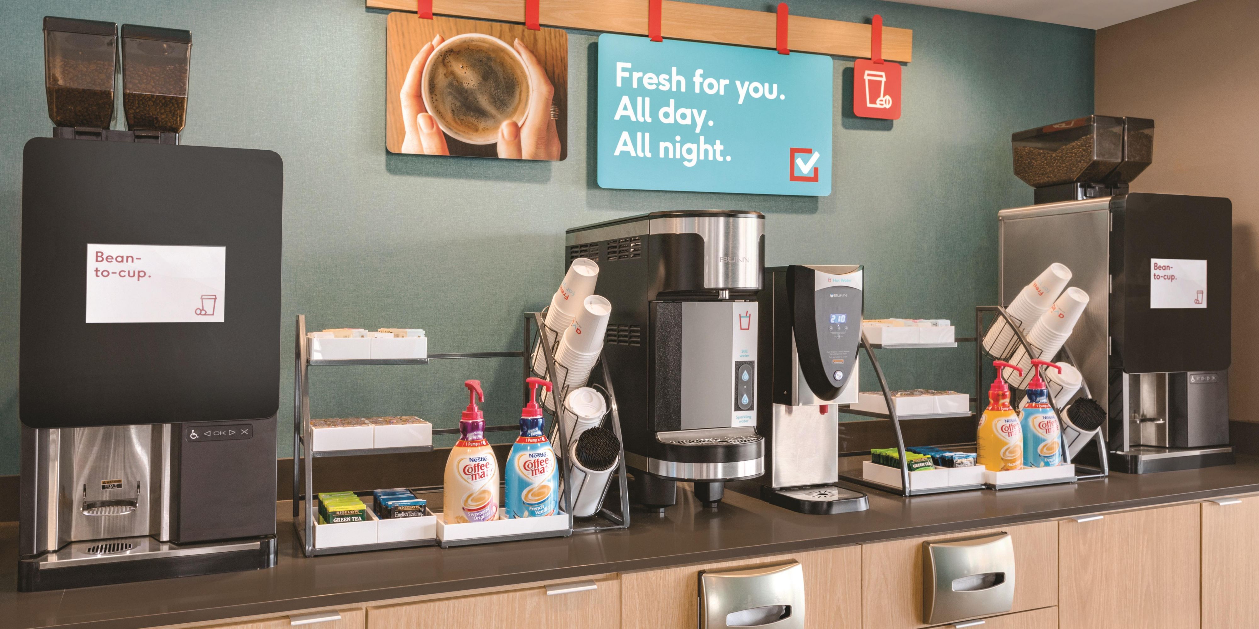 Enjoy freshly brewed coffee anytime you need it with our 24-hour bean-to-cup coffee station. Whether it's a mid-morning pick-me-up or a late-night boost, our coffee is always available to keep you alert and energized.