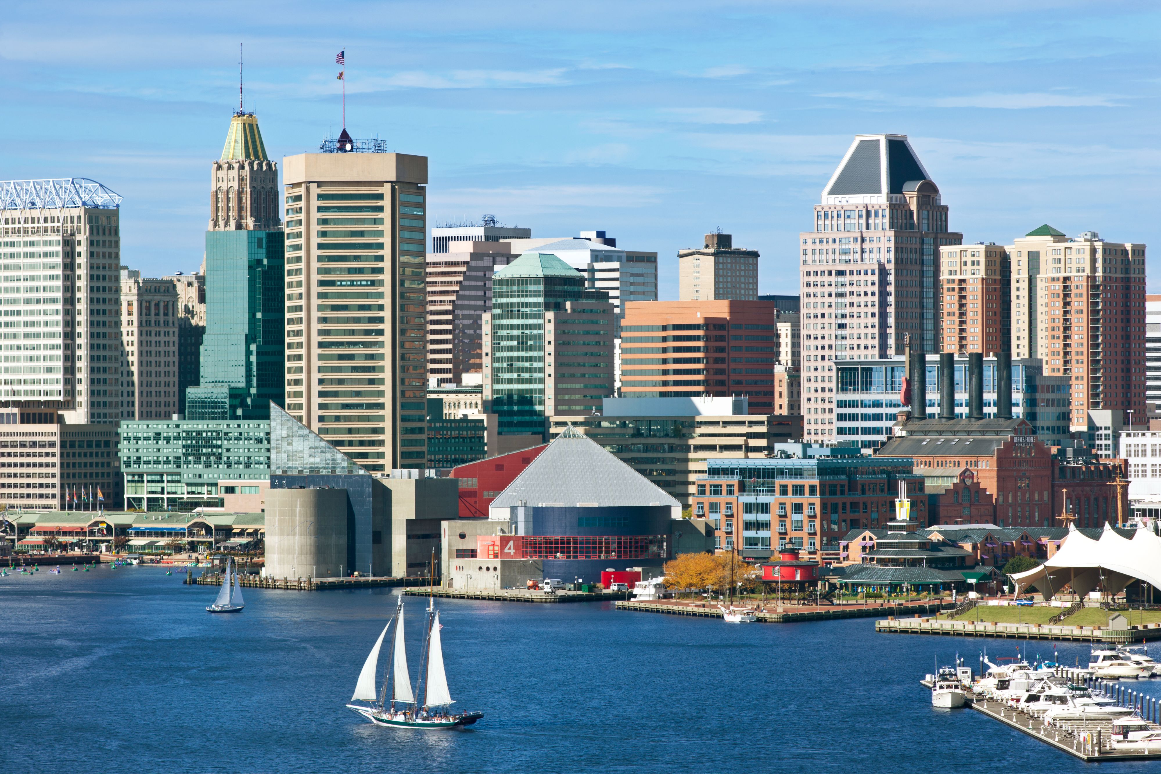 Baltimore city view featuring buildings, water and boats