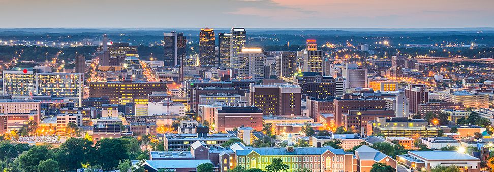 Aerial view of Birmingham, Alabama at dusk