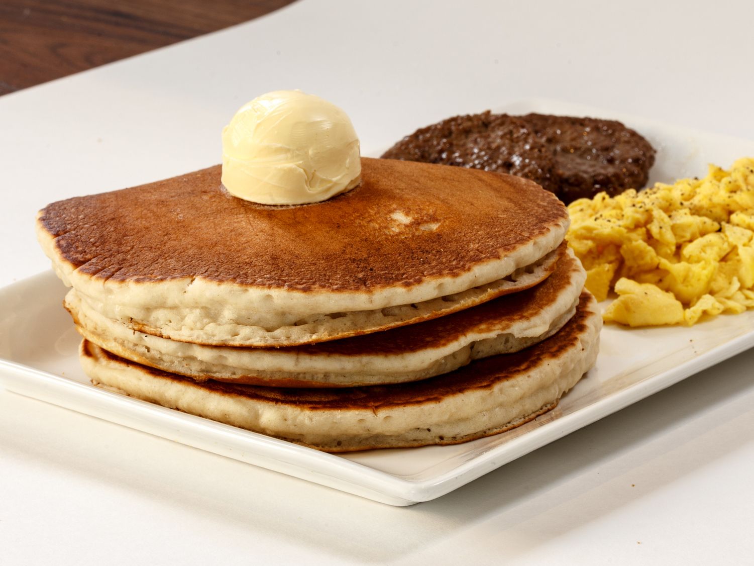 Pancakes, sausage, and eggs