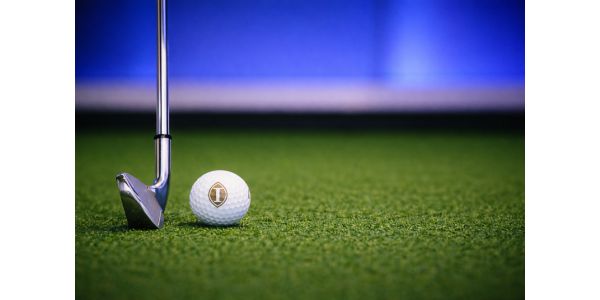 Golf club and ball on putting green