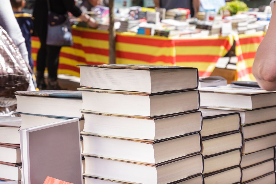 Books on a table at the Boston Book Festival.